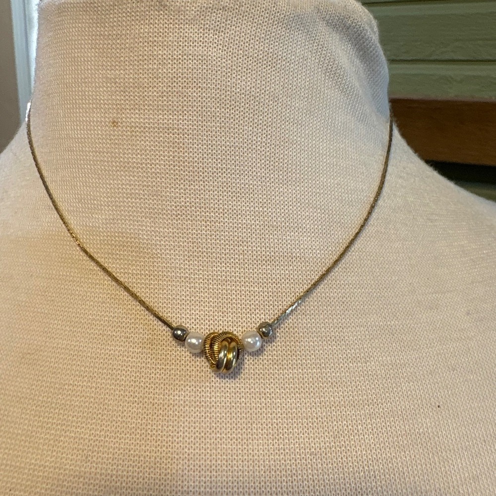 Dainty Gold Tone Knotted Bead and Pearl Necklace Mixed Metal